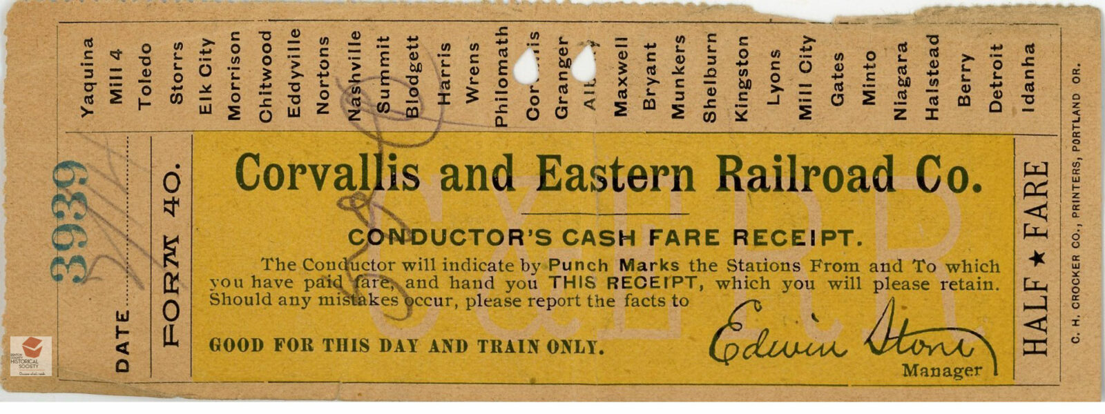 Corvallis and Eastern Railroad fare ticket, Benton County, Oregon, circa 1897-1907